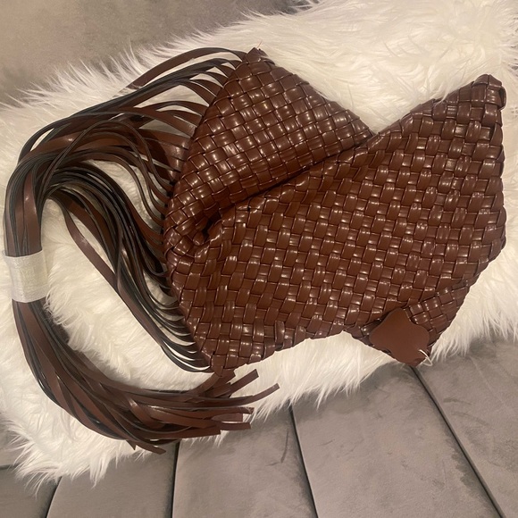 Woven Coffee Brown Clutch Bag with Fridges - Picture 2 of 6